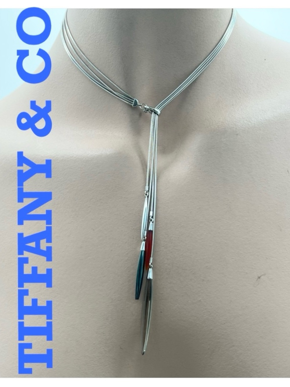 🔴TIFFANY & CO Feather Lariat 18k Gold 4 Strand Lucite Hematite Agate Necklace🔴